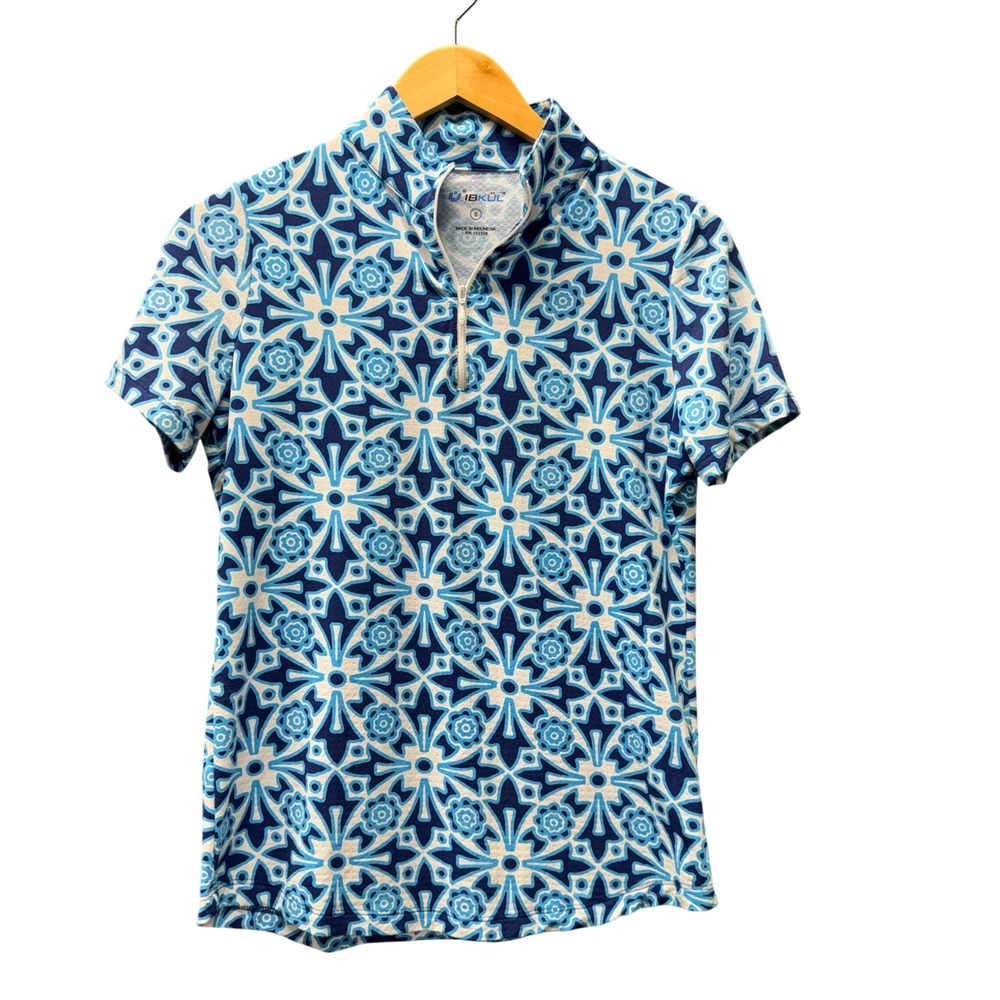 IBKUL Golf Polo Womens S Short Sleeve Sun Shirt Blue Geometric 1/4 Zip Coastal